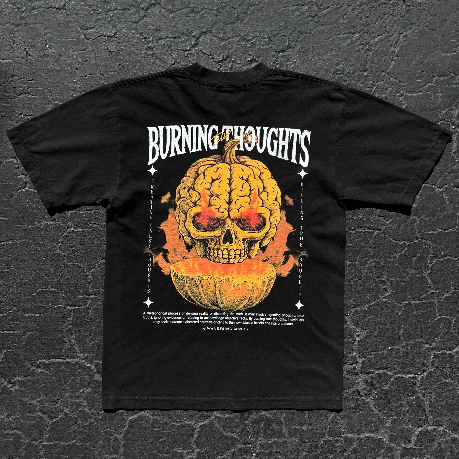 A Wandering Mind Burning Thoughts t-shirt in black back view