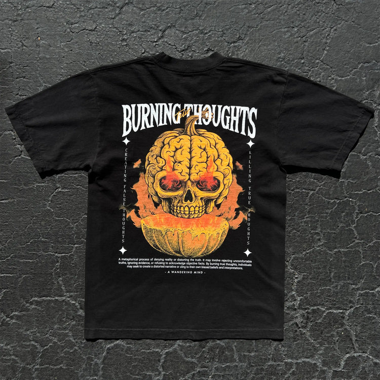 A Wandering Mind Burning Thoughts t-shirt in black back view