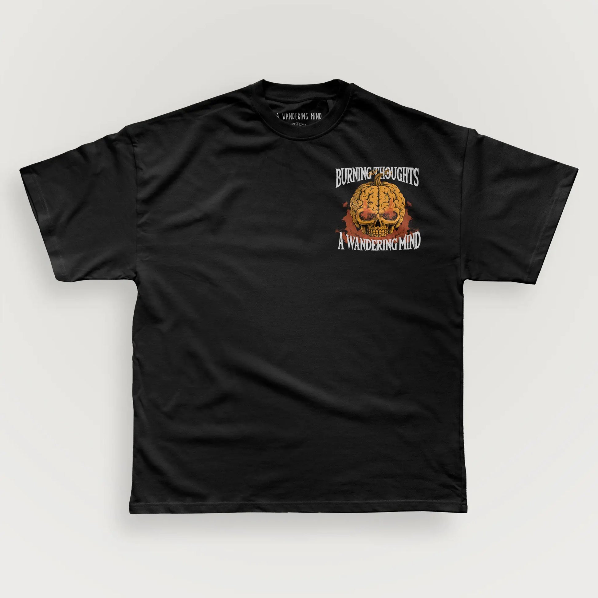 A Wandering Mind Burning Thoughts t-shirt in black front view