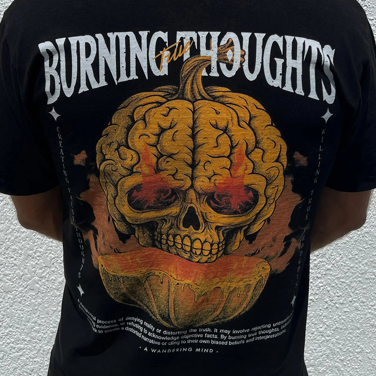 A Wandering Mind Burning Thoughts t-shirt in black back view worn on model