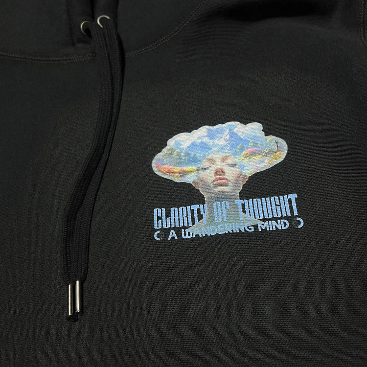 A Wandering Mind Clarity of Thought hoodie in black front graphic detail print texture showing human profile, mountains, lake