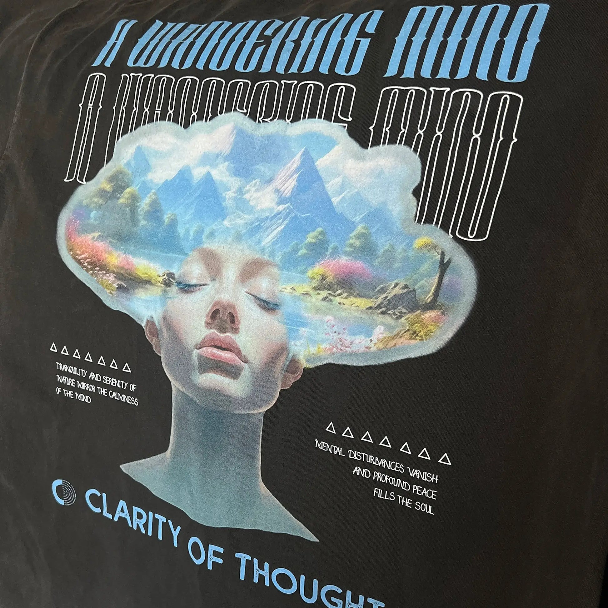 A Wandering Mind Clarity of Thought t-shirt in vintage black back graphic angled view of human profile, mountains, lake