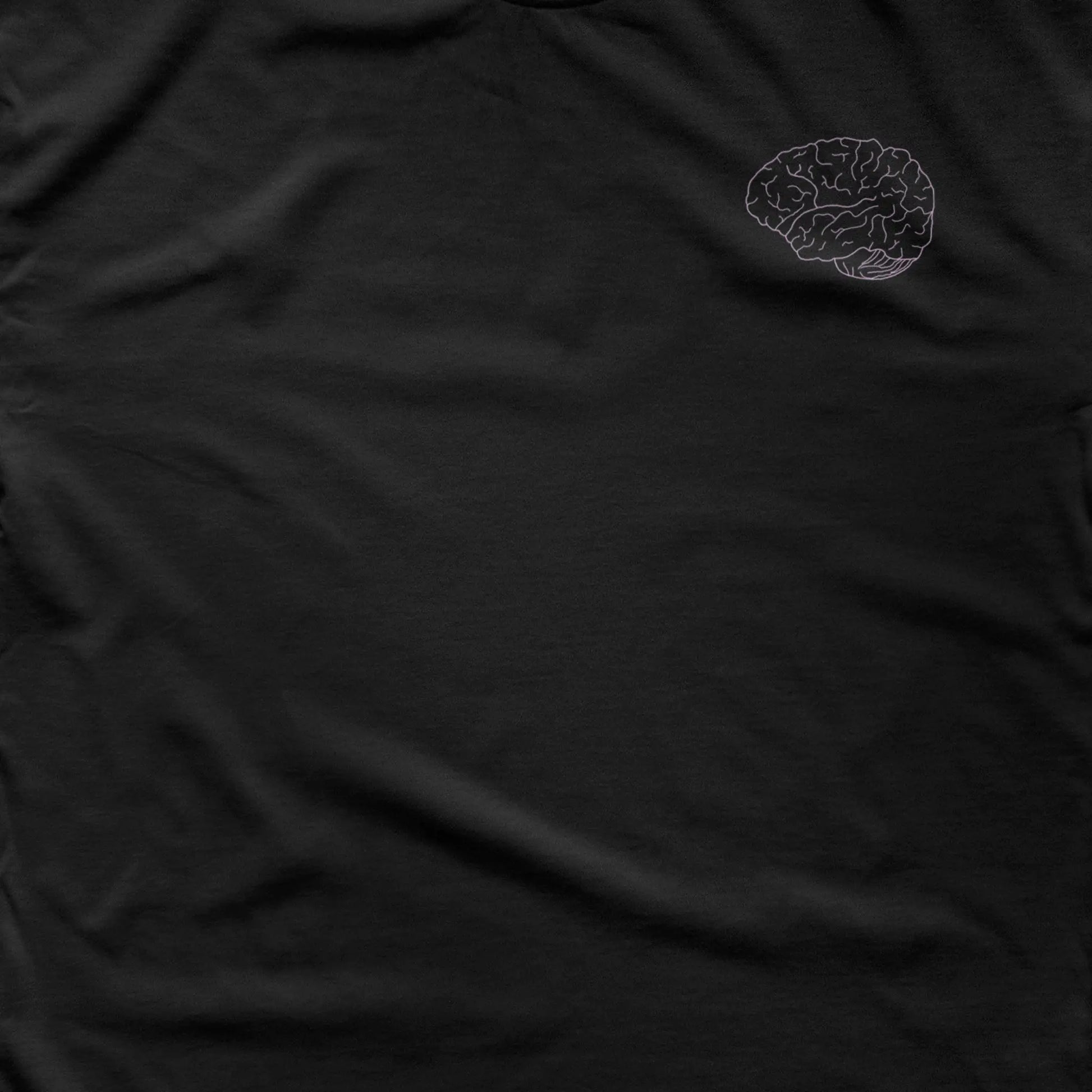 A Wandering Mind Classic Brain Pink Logo t-shirt in black front graphic detail showing monoline brain logo