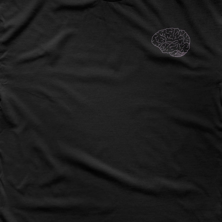 A Wandering Mind Classic Brain Pink Logo t-shirt in black front graphic detail showing monoline brain logo