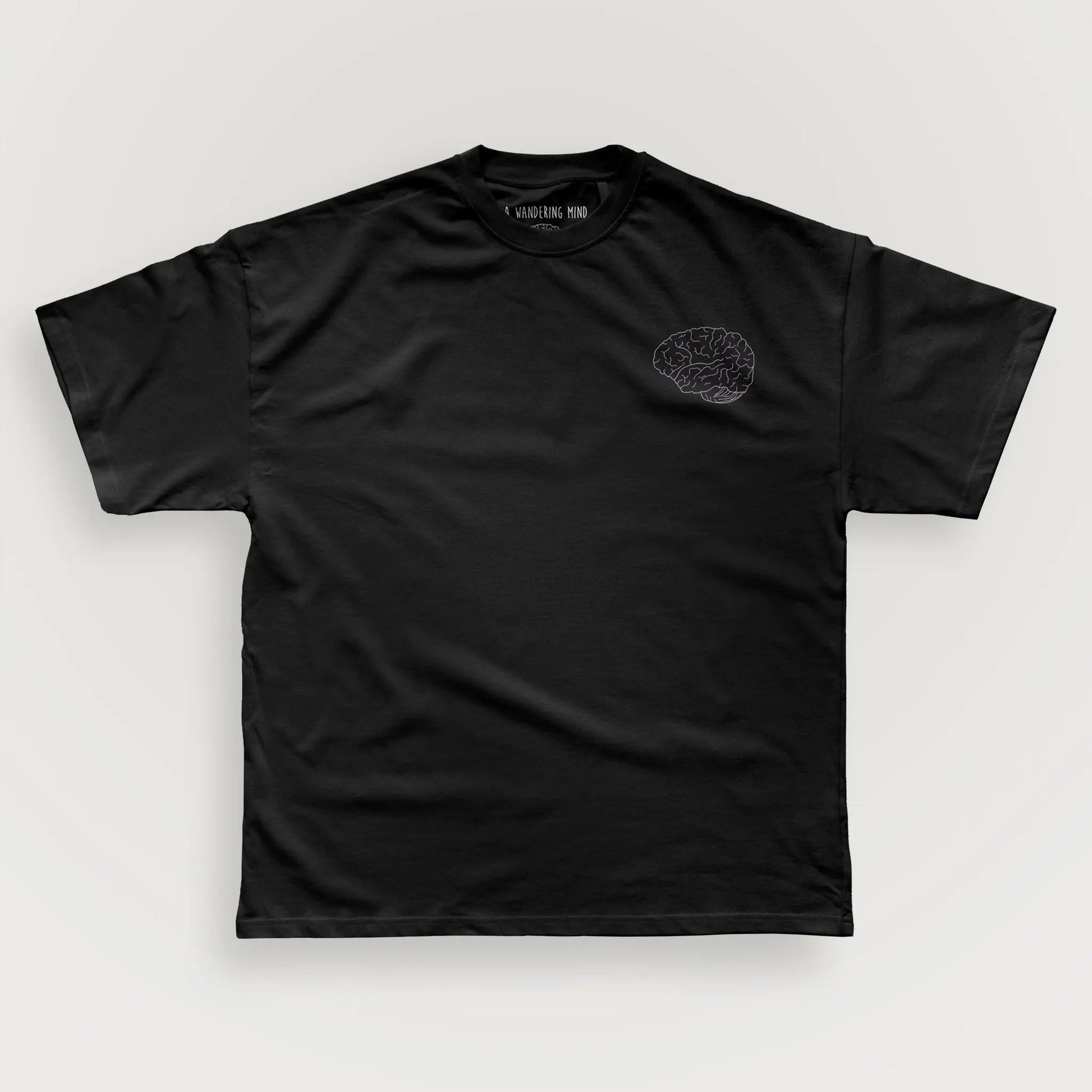 A Wandering Mind Classic Brain Pink Logo t-shirt in black front view