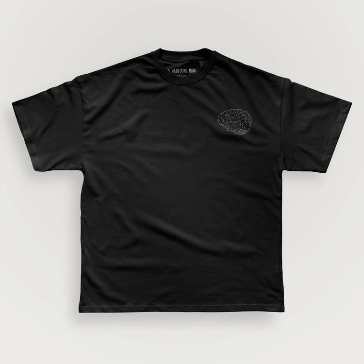 A Wandering Mind Classic Brain Pink Logo t-shirt in black front view
