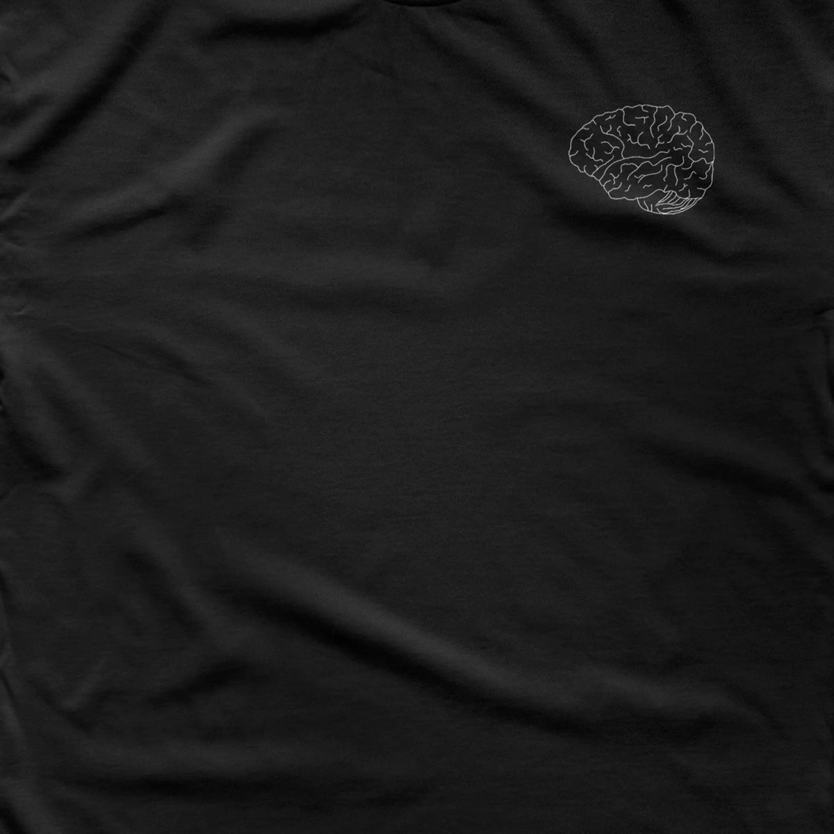 A Wandering Mind Classic Brain White Logo t-shirt in black front graphic detail showing monoline brain logo