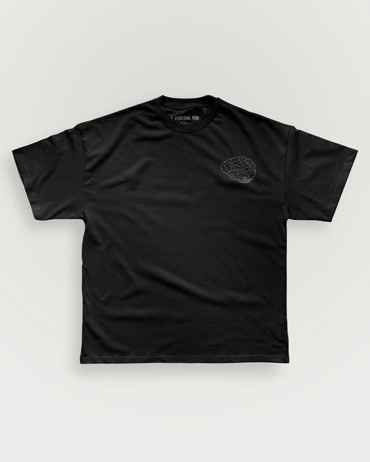 A Wandering Mind Classic Brain White Logo t-shirt in black front view