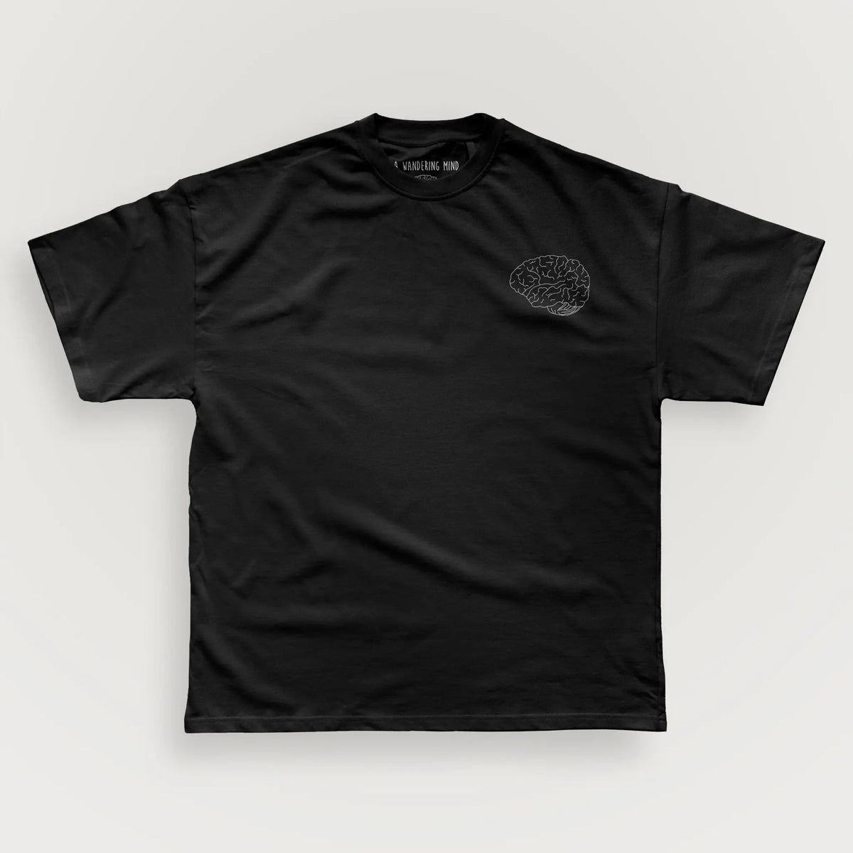 A Wandering Mind Classic Brain White Logo t-shirt in black front view
