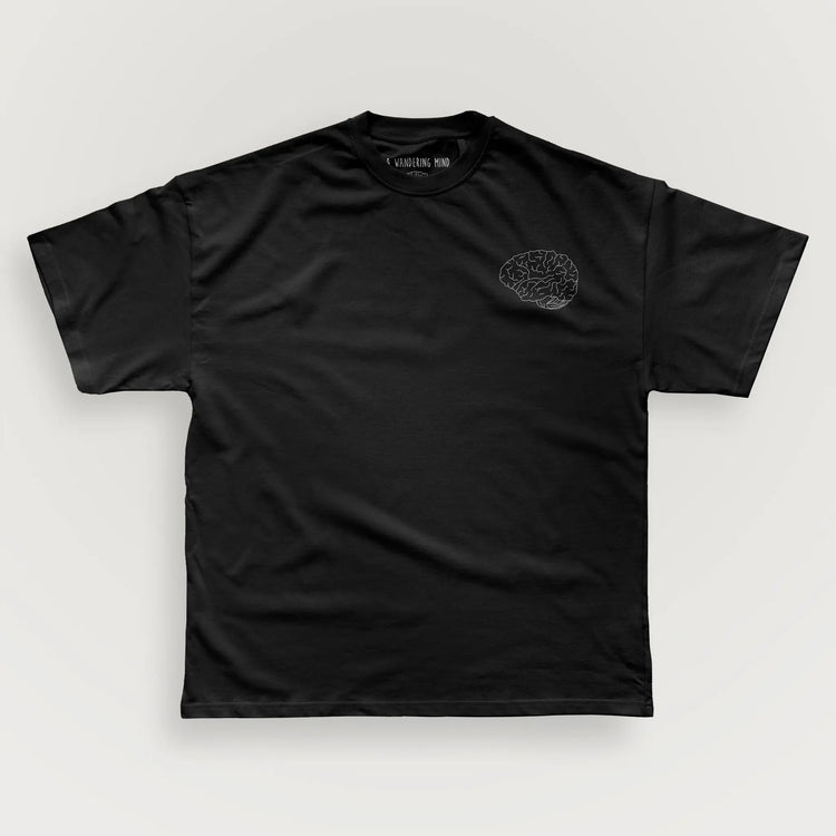 A Wandering Mind Classic Brain White Logo t-shirt in black front view