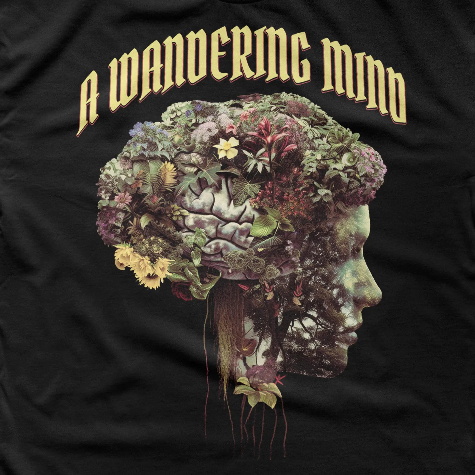 A Wandering Mind Cognitive Flora long sleeve t-shirt in black front graphic detail showing human profile, floral brain