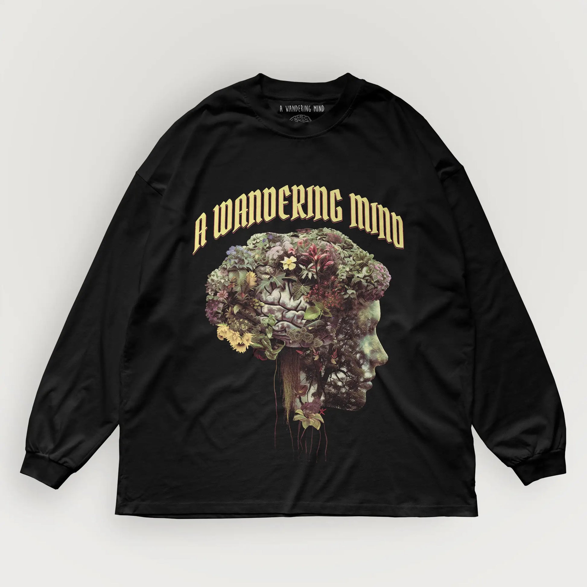 A Wandering Mind Cognitive Flora long sleeve t-shirt in black front view
