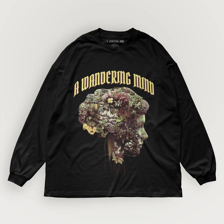 A Wandering Mind Cognitive Flora long sleeve t-shirt in black front view