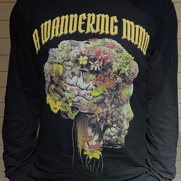 A Wandering Mind Cognitive Flora long sleeve t-shirt in black front view worn on model