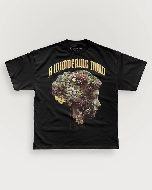 A Wandering Mind Cognitive Flora t-shirt in black front view