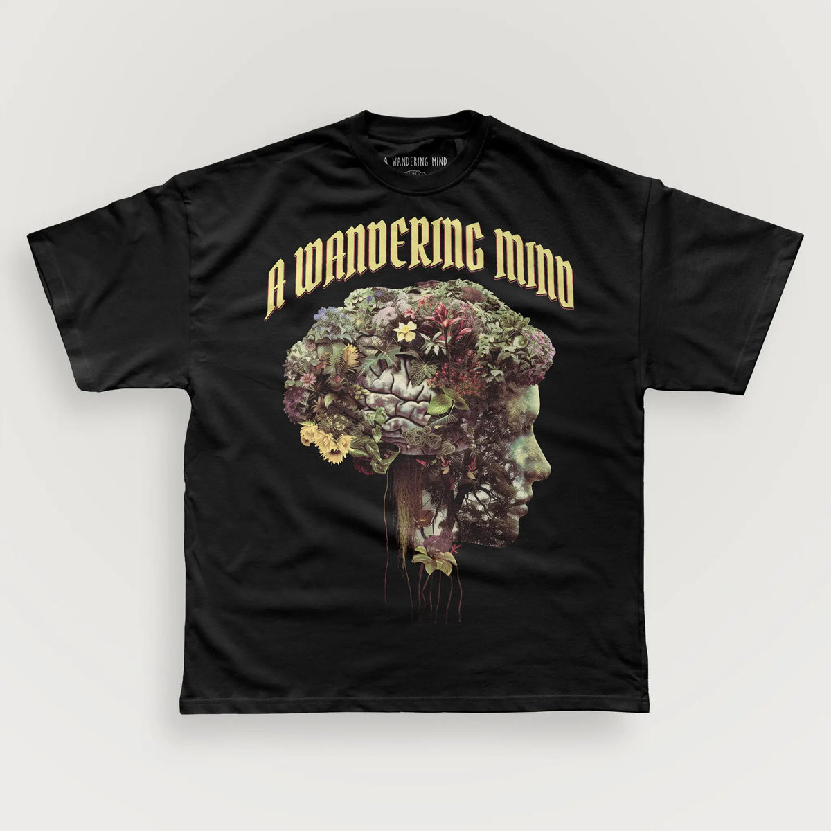 A Wandering Mind Cognitive Flora t-shirt in black front view