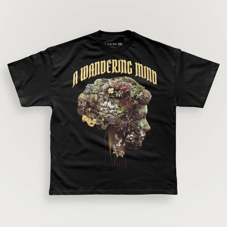 A Wandering Mind Cognitive Flora t-shirt in black front view