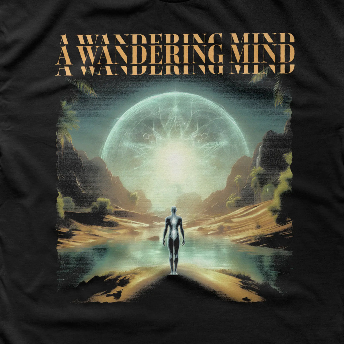A Wandering Mind Conscious Oasis t-shirt in black front graphic detail showing figure, shoreline, celestial orb