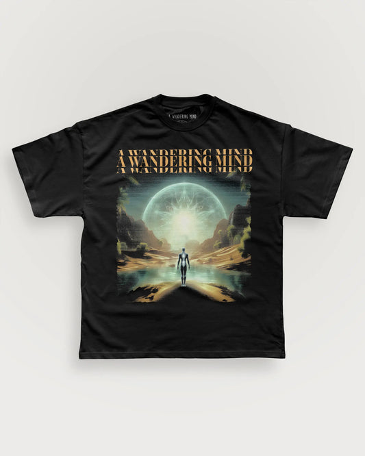 A Wandering Mind Conscious Oasis t-shirt in black front view