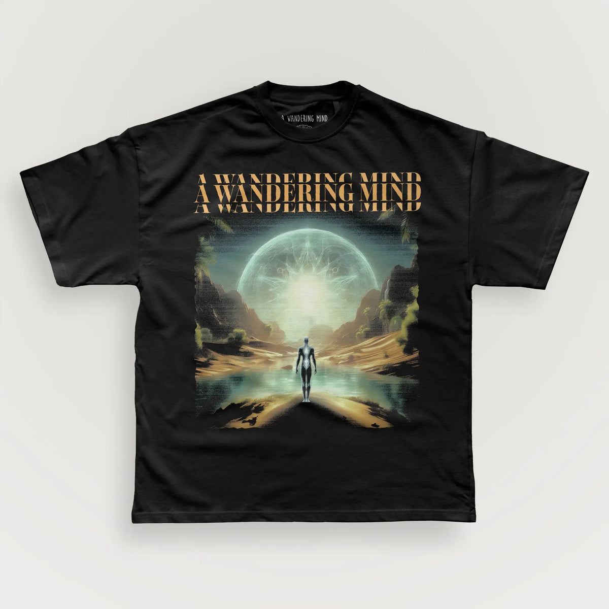 A Wandering Mind Conscious Oasis t-shirt in black front view