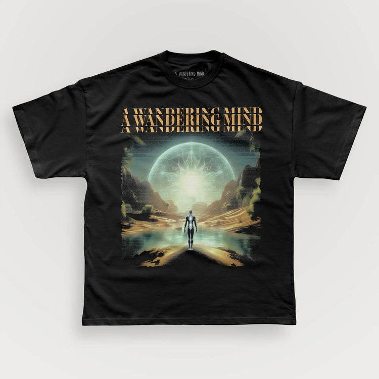 A Wandering Mind Conscious Oasis t-shirt in black front view