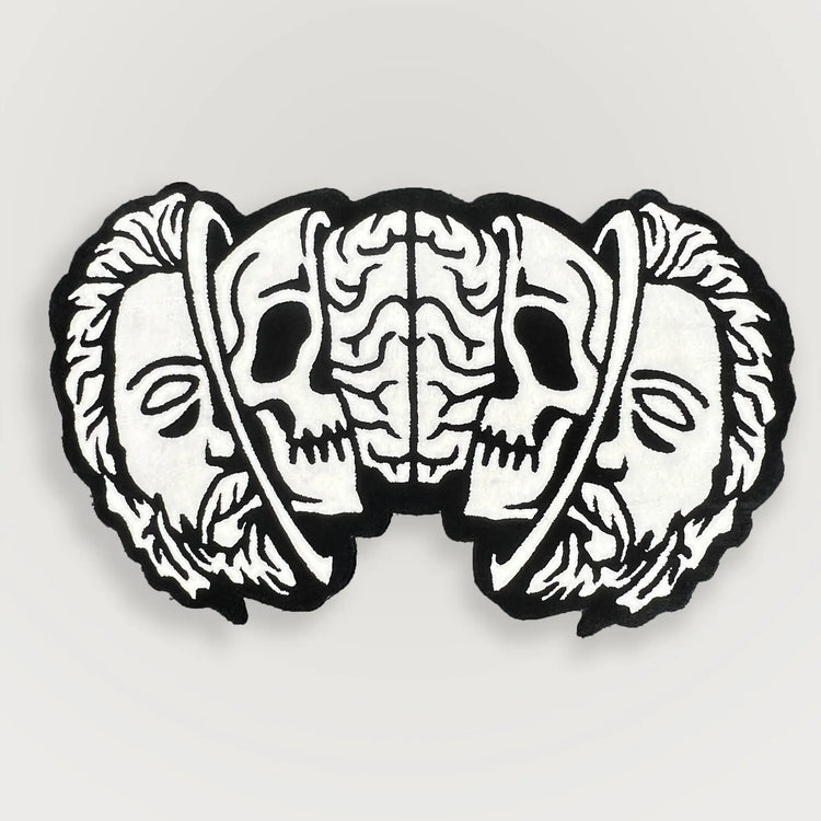 A Wandering Mind Divided Self rug in black and white full view