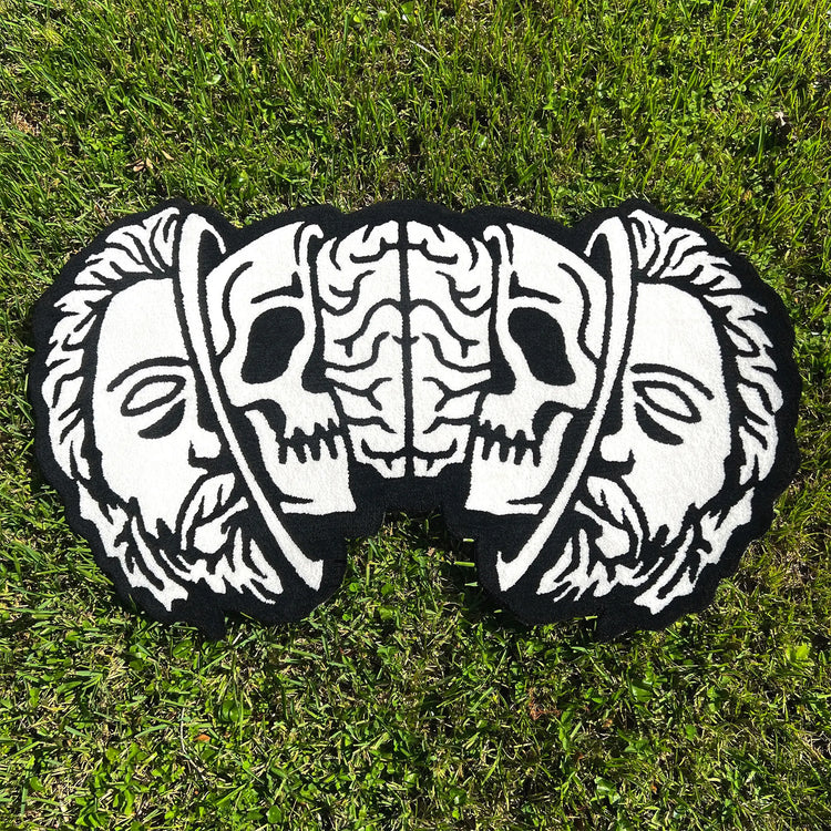 A Wandering Mind Divided Self rug in black and white full view