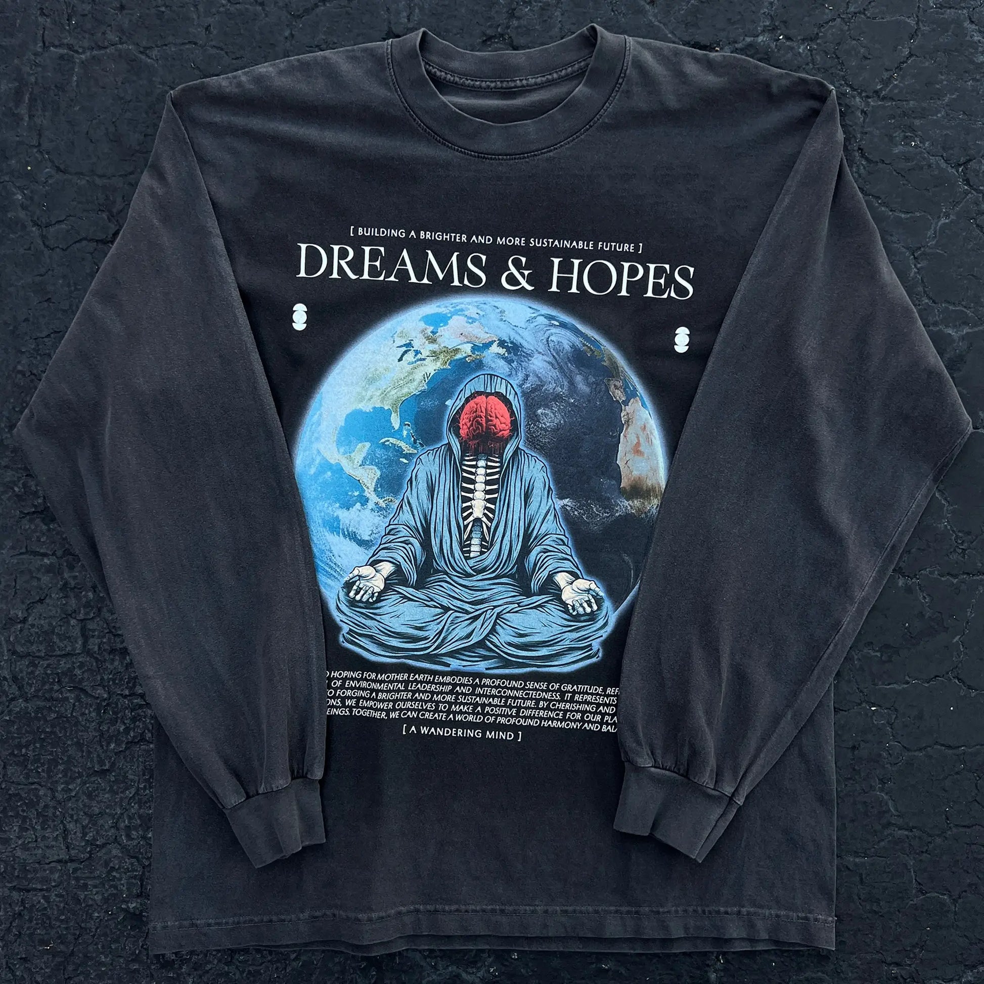 A Wandering Mind Dreams and Hopes long sleeve t-shirt in vintage black front view