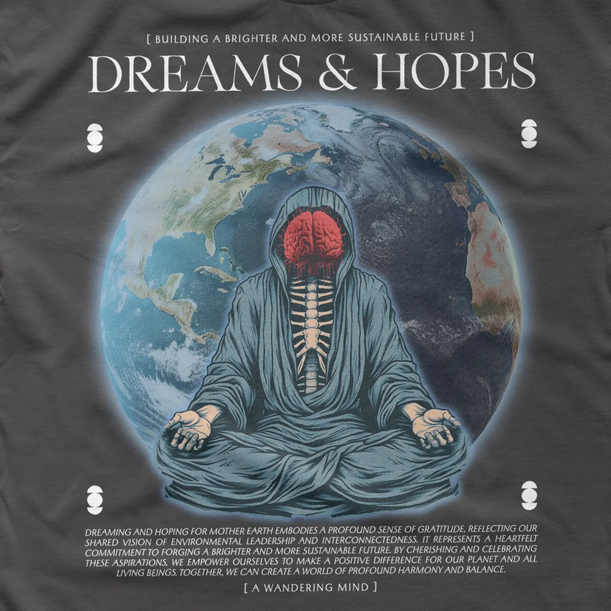 A Wandering Mind Dreams and Hopes long sleeve t-shirt in vintage black front graphic detail showing robed figure, exposed brain, globe