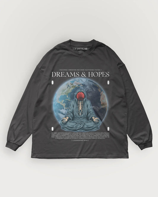 A Wandering Mind Dreams and Hopes long sleeve t-shirt in vintage black front view