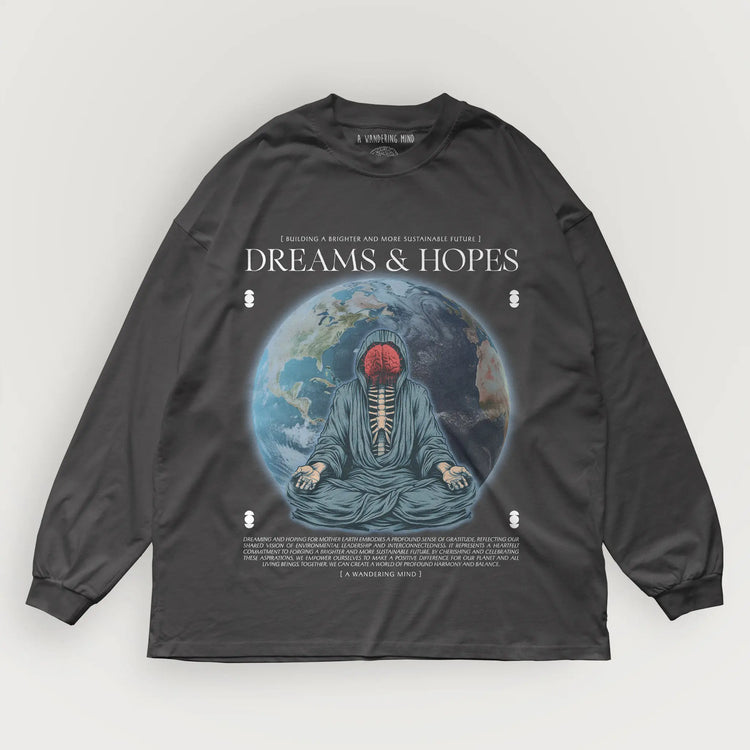 A Wandering Mind Dreams and Hopes long sleeve t-shirt in vintage black front view