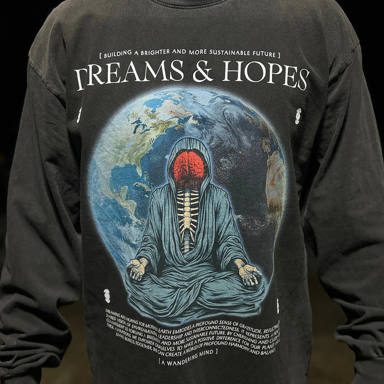 A Wandering Mind Dreams and Hopes long sleeve t-shirt in vintage black front view worn on model