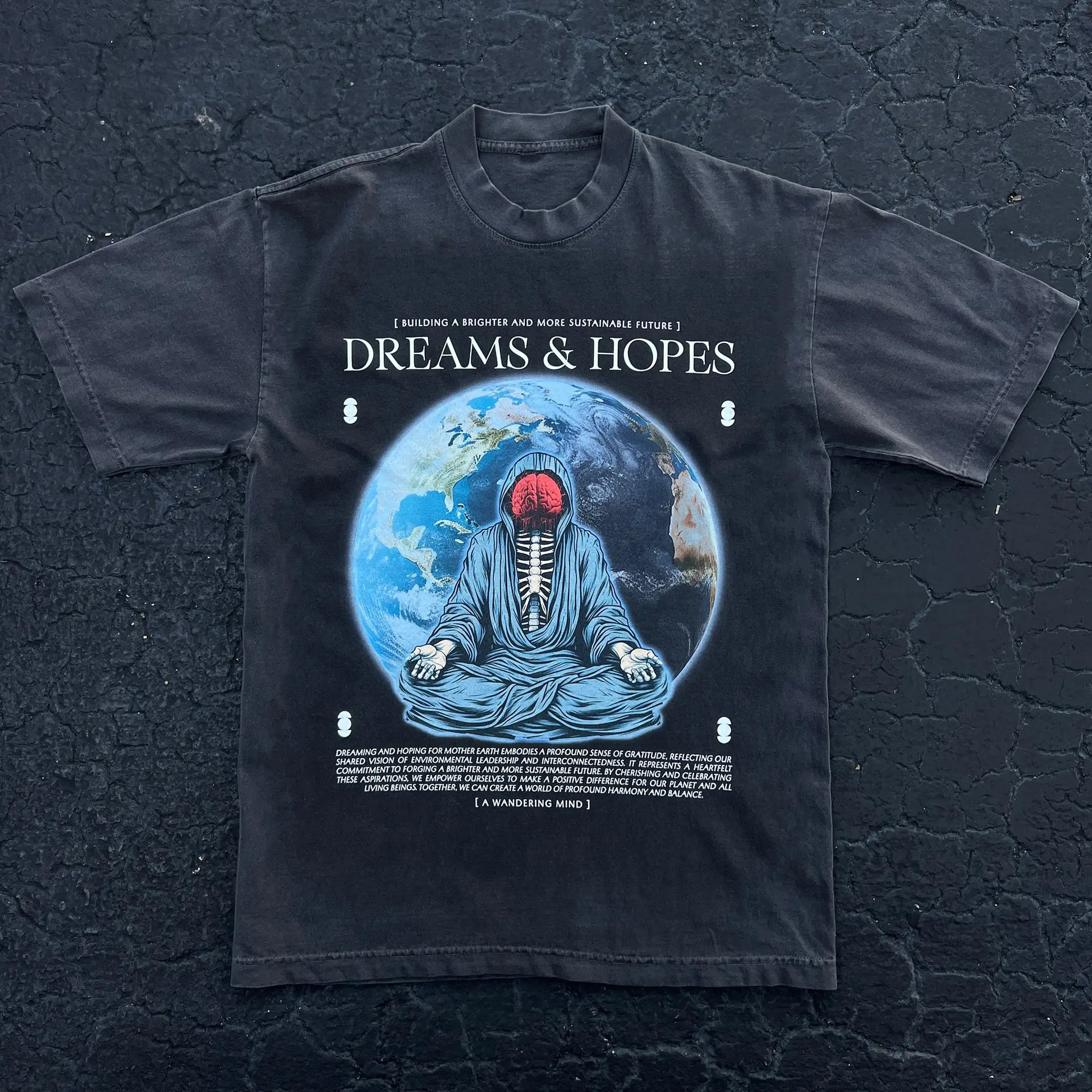 A Wandering Mind Dreams & Hopes t-shirt in vintage black front view