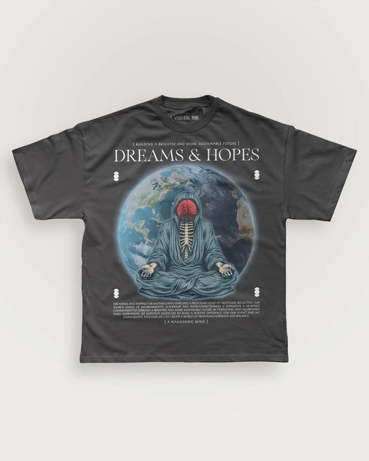 A Wandering Mind Dreams & Hopes t-shirt in vintage black front view