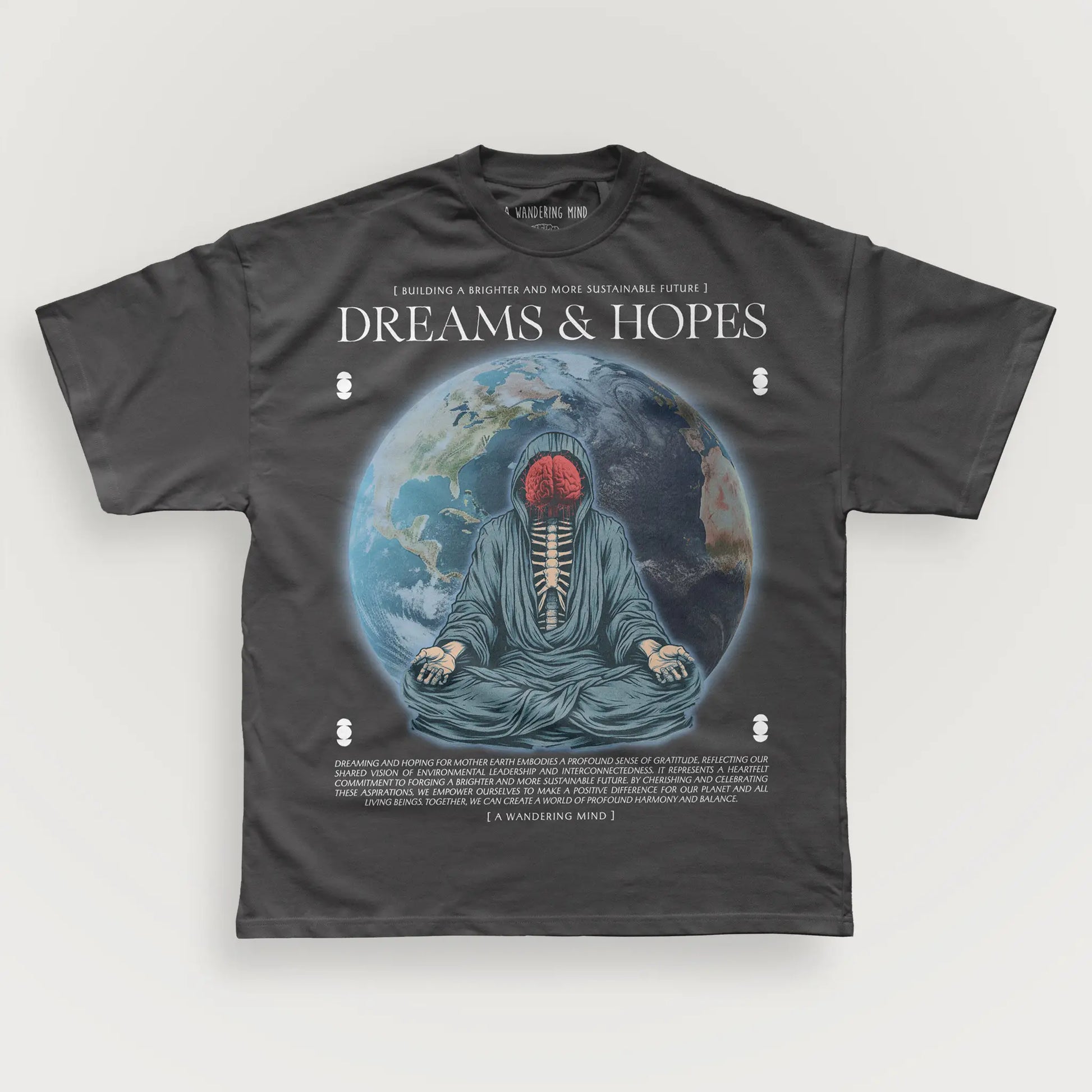 A Wandering Mind Dreams & Hopes t-shirt in vintage black front view