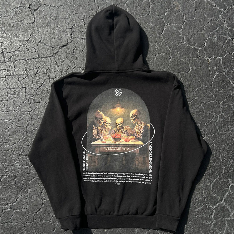 A Wandering Mind Grateful for Everything hoodie in black back view