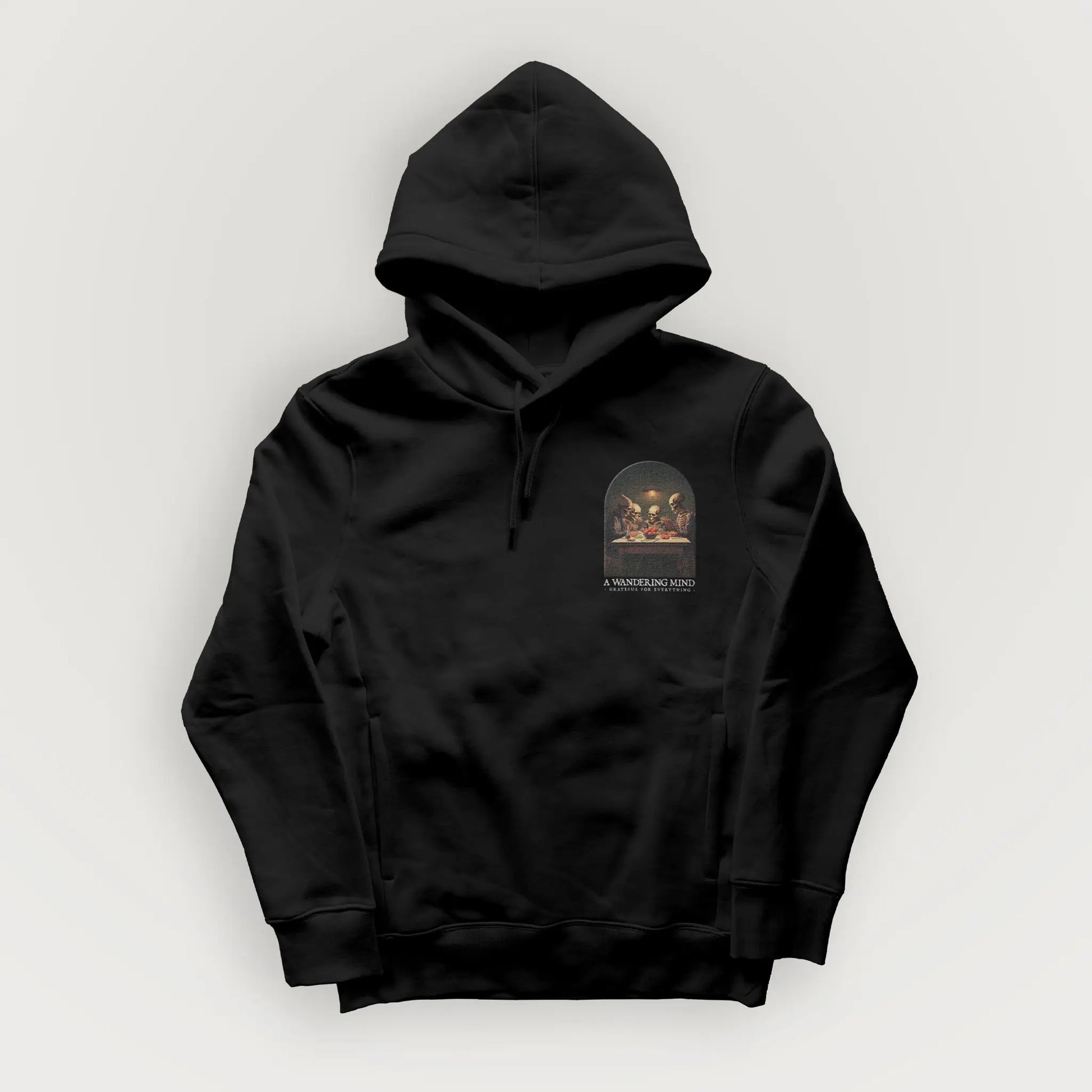A Wandering Mind Grateful for Everything hoodie in black front view