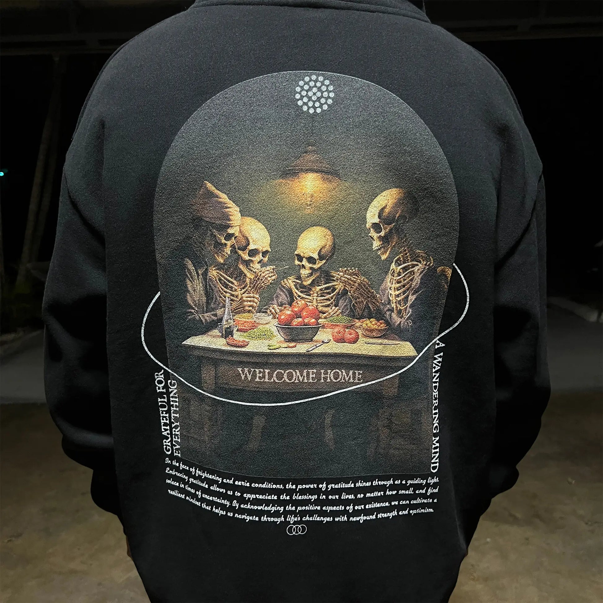 A Wandering Mind Grateful for Everything hoodie in black back view worn on model