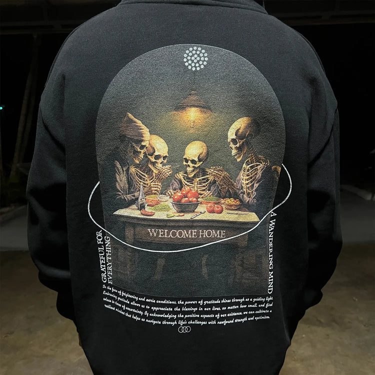 A Wandering Mind Grateful for Everything hoodie in black back view worn on model