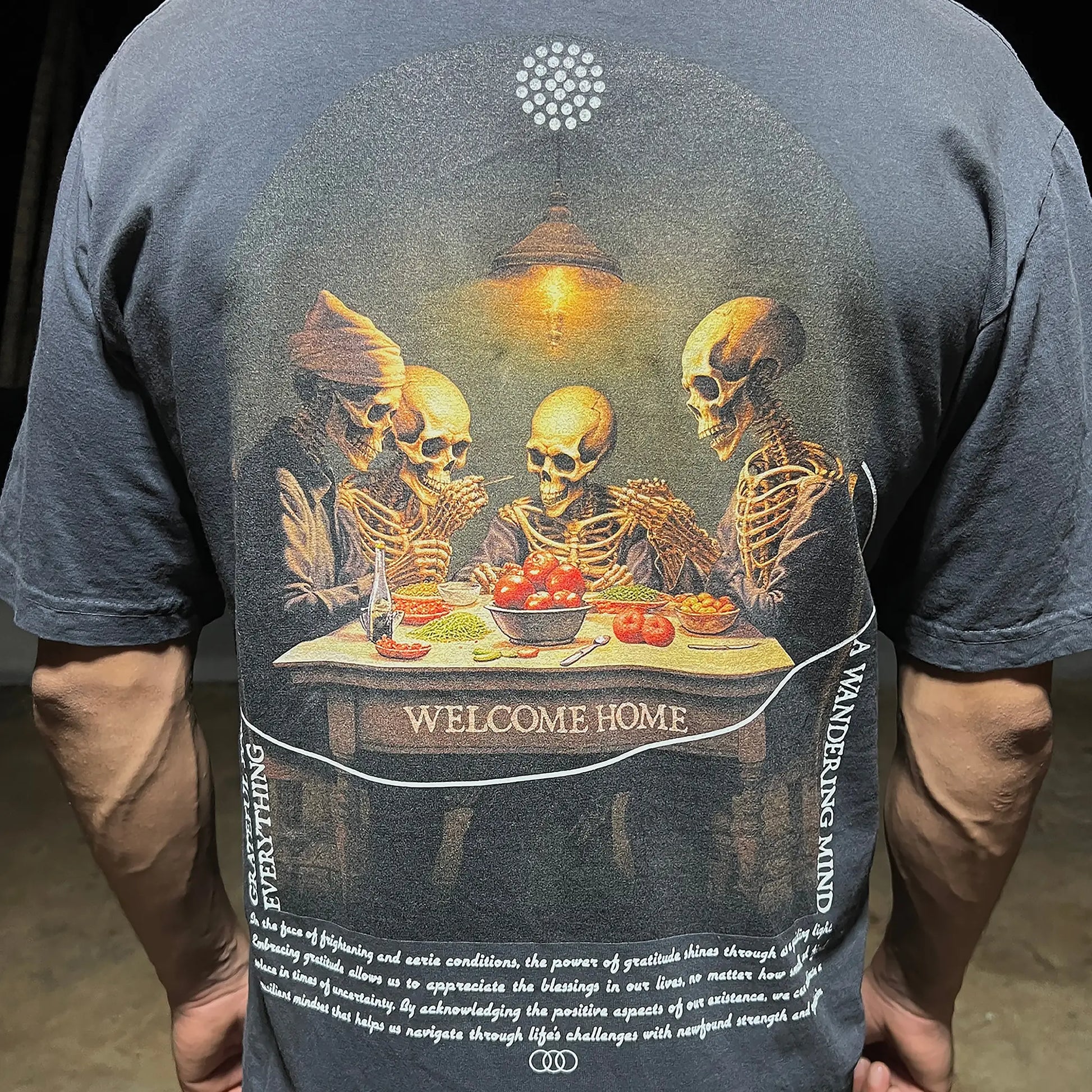 A Wandering Mind Grateful for Everything t-shirt in slate back view worn on model