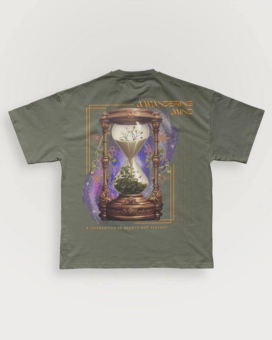 A Wandering Mind Growth & Renewal t-shirt in olive back view