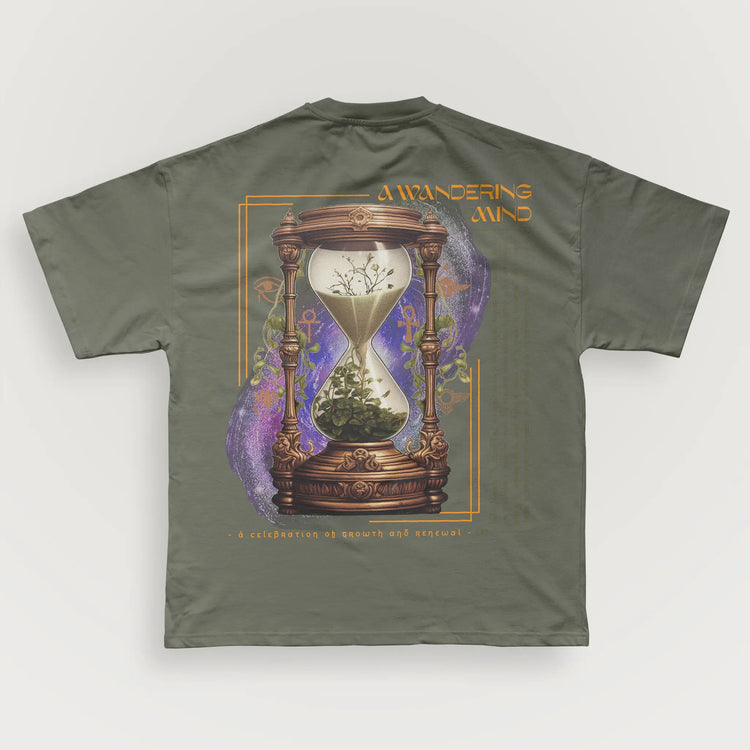 A Wandering Mind Growth & Renewal t-shirt in olive back view