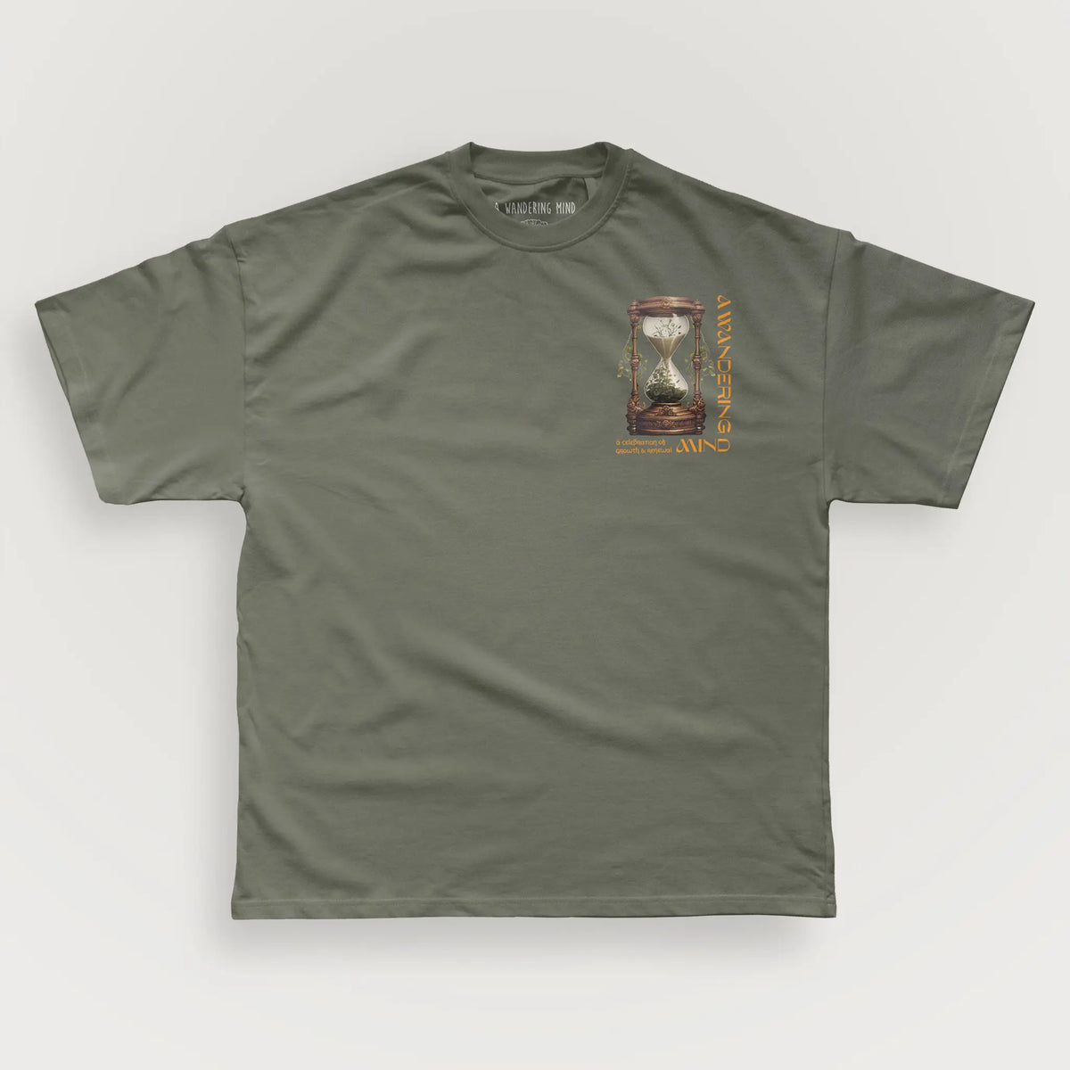 A Wandering Mind Growth & Renewal t-shirt in olive front view