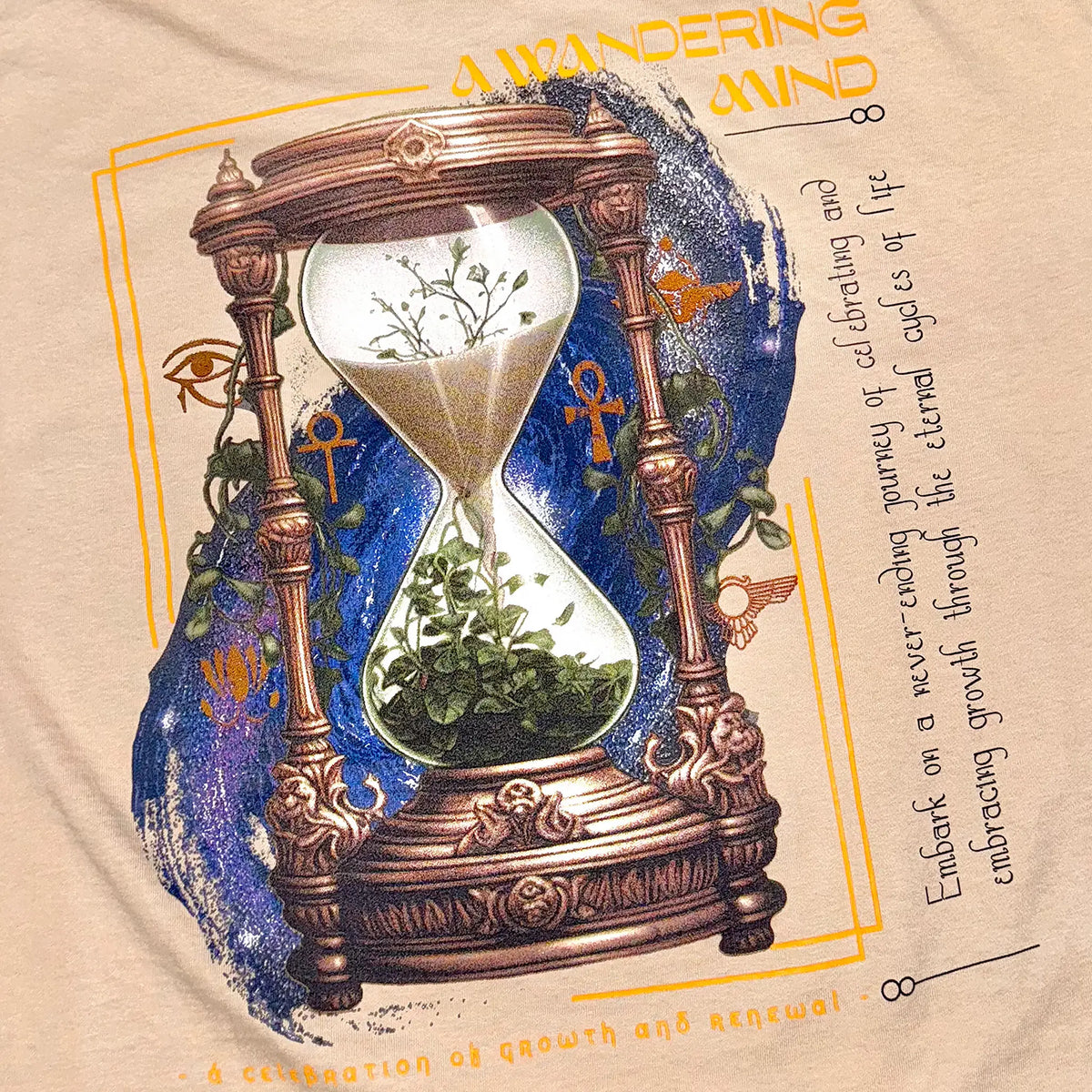 A Wandering Mind Growth & Renewal t-shirt in sand back graphic featuring hourglass, foliage, symbolic elements