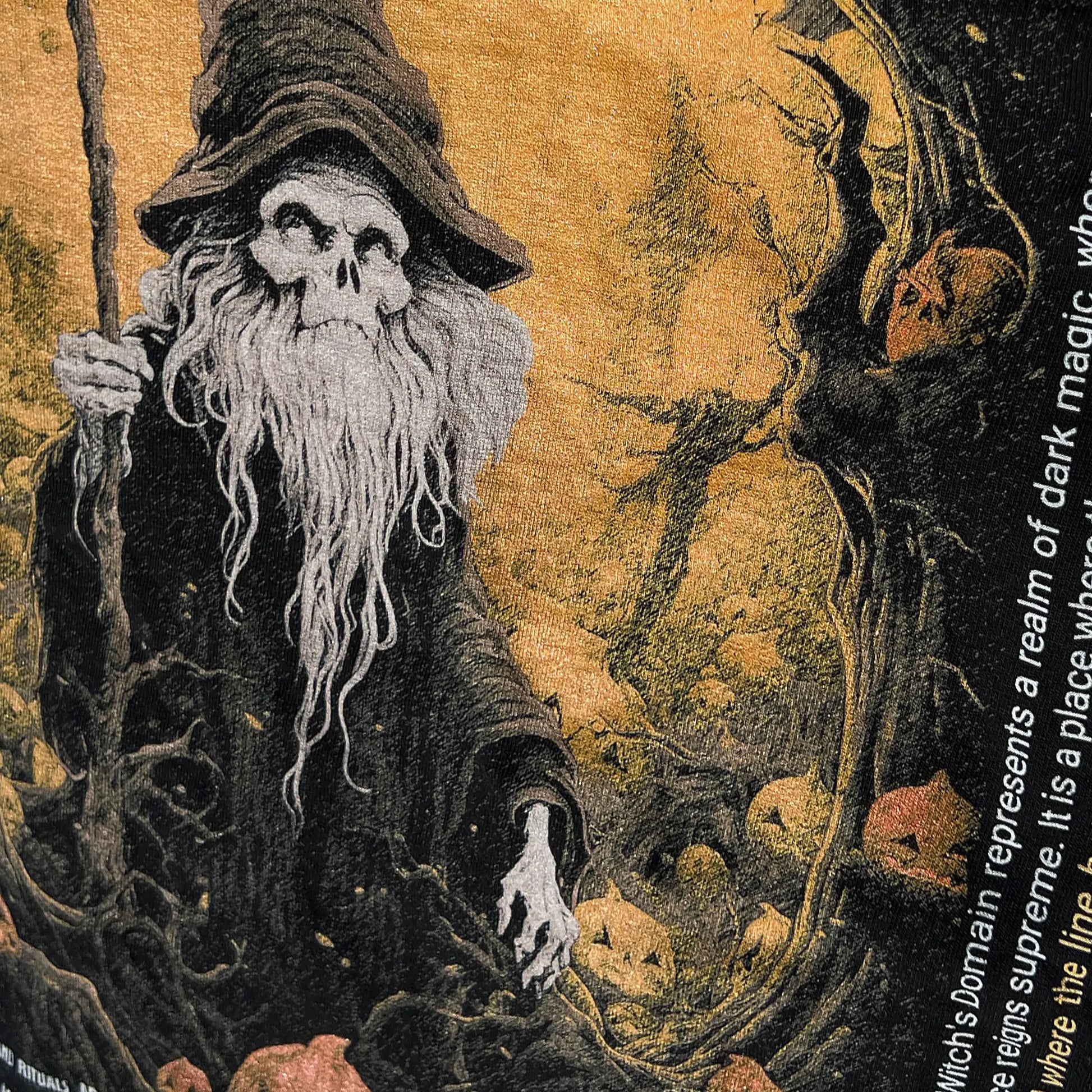 A Wandering Mind Haunted Witch's Domain long sleeve t-shirt in black back graphic detail showing skeletal wizard, jack-o’-lanterns, forest