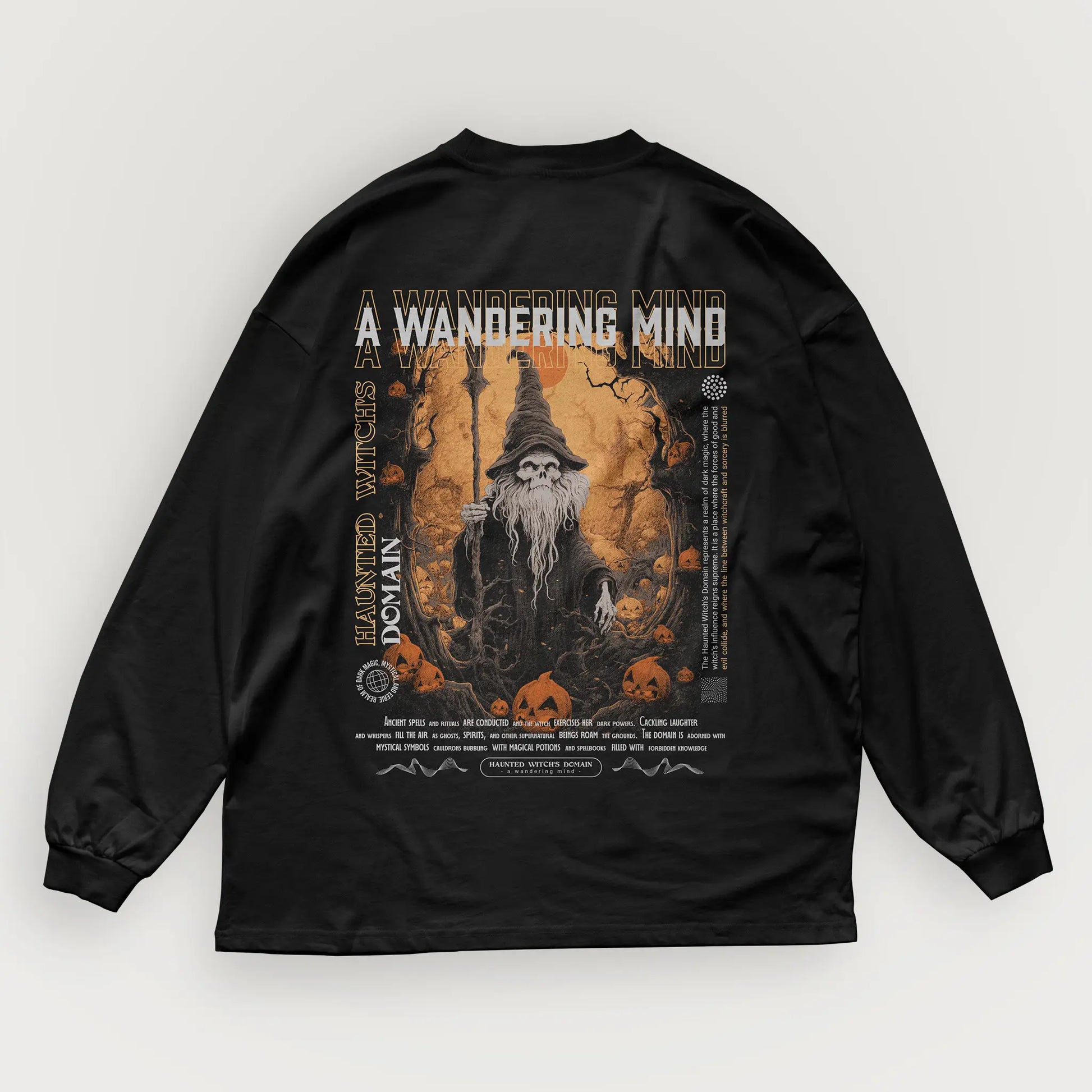 A Wandering Mind Haunted Witch's Domain long sleeve t-shirt in black back view