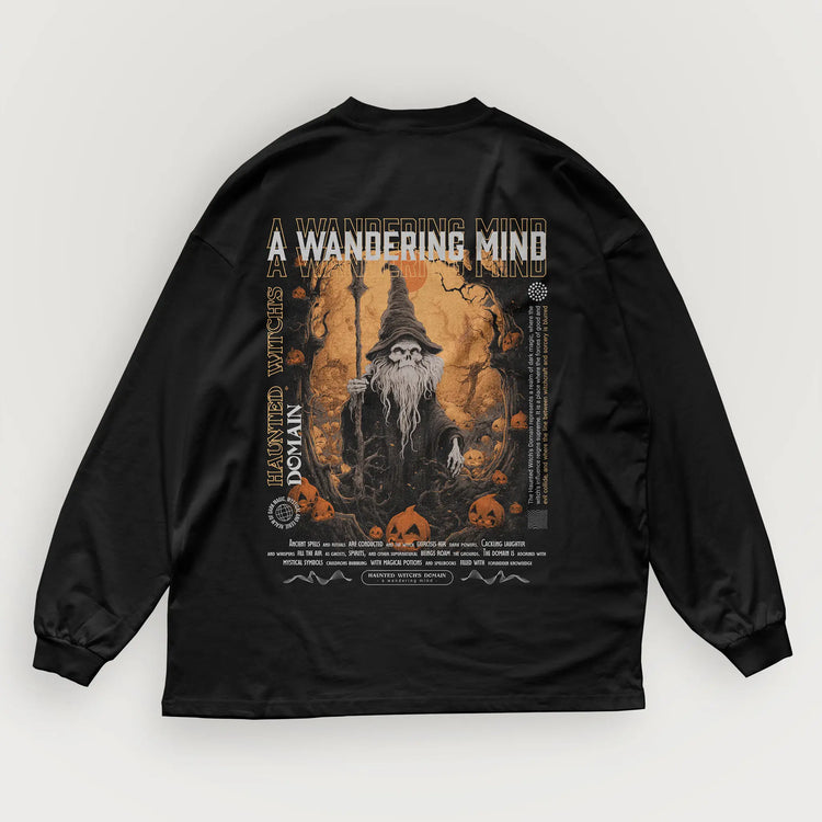 A Wandering Mind Haunted Witch's Domain long sleeve t-shirt in black back view