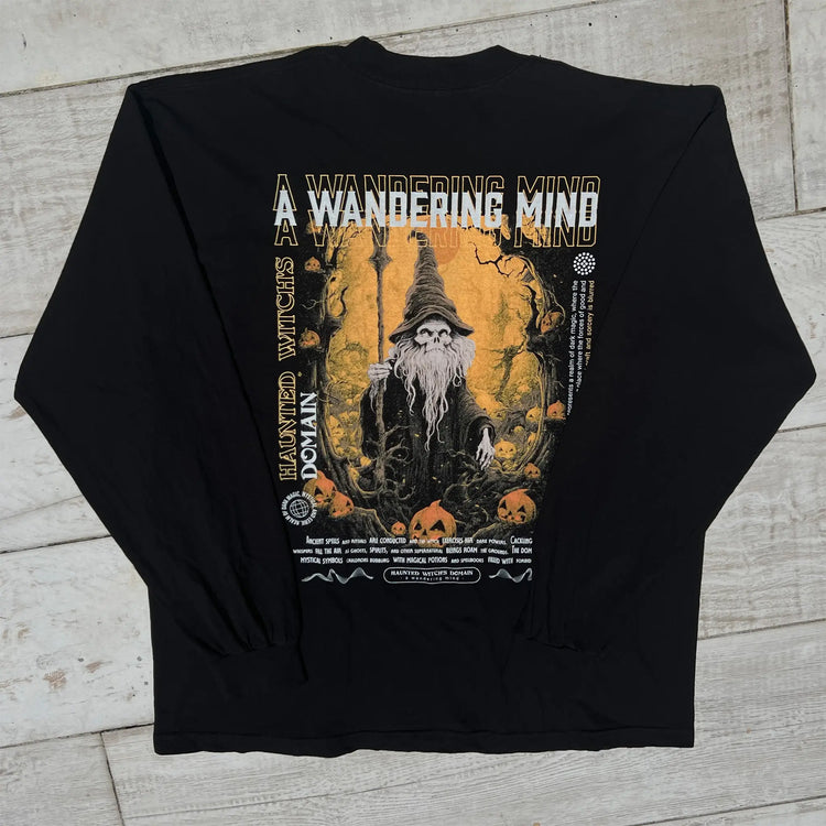 A Wandering Mind Haunted Witch's Domain long sleeve t-shirt in black back view
