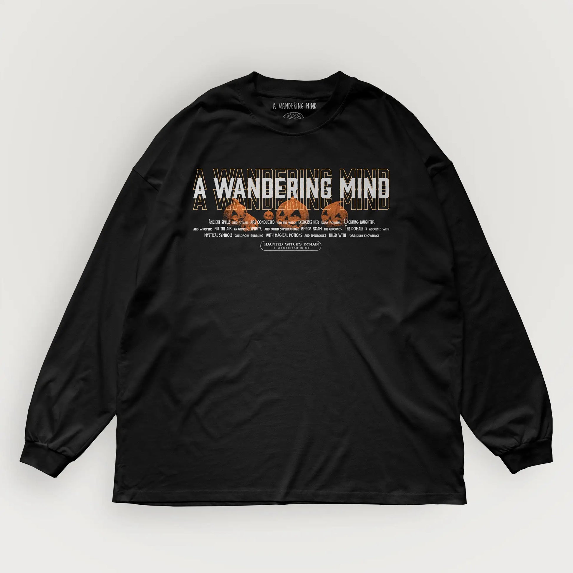 A Wandering Mind Haunted Witch's Domain long sleeve t-shirt in black front view