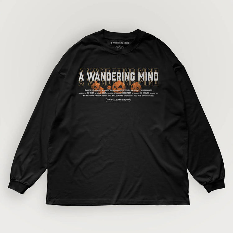 A Wandering Mind Haunted Witch's Domain long sleeve t-shirt in black front view